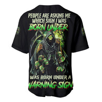Black V-neck button baseball jersey with green grim reaper skull graphic on back