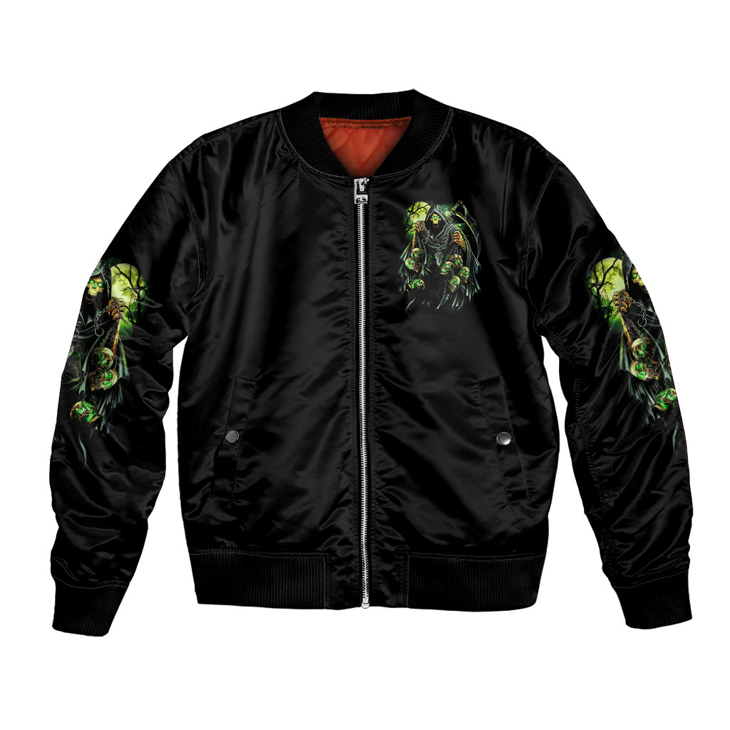 Black bomber jacket with front zipper, ribbed cuffs, reaper skull graphic on chest