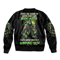 Black bomber jacket with ribbed collar and bold reaper skull warning sign back graphic