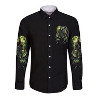 Black long sleeve button shirt with green reaper skull chest graphic and sleeve print