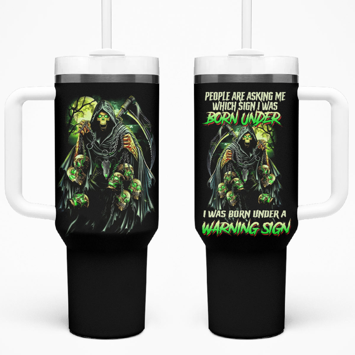 Warning Sign Skull Reaper Tumbler With Handle