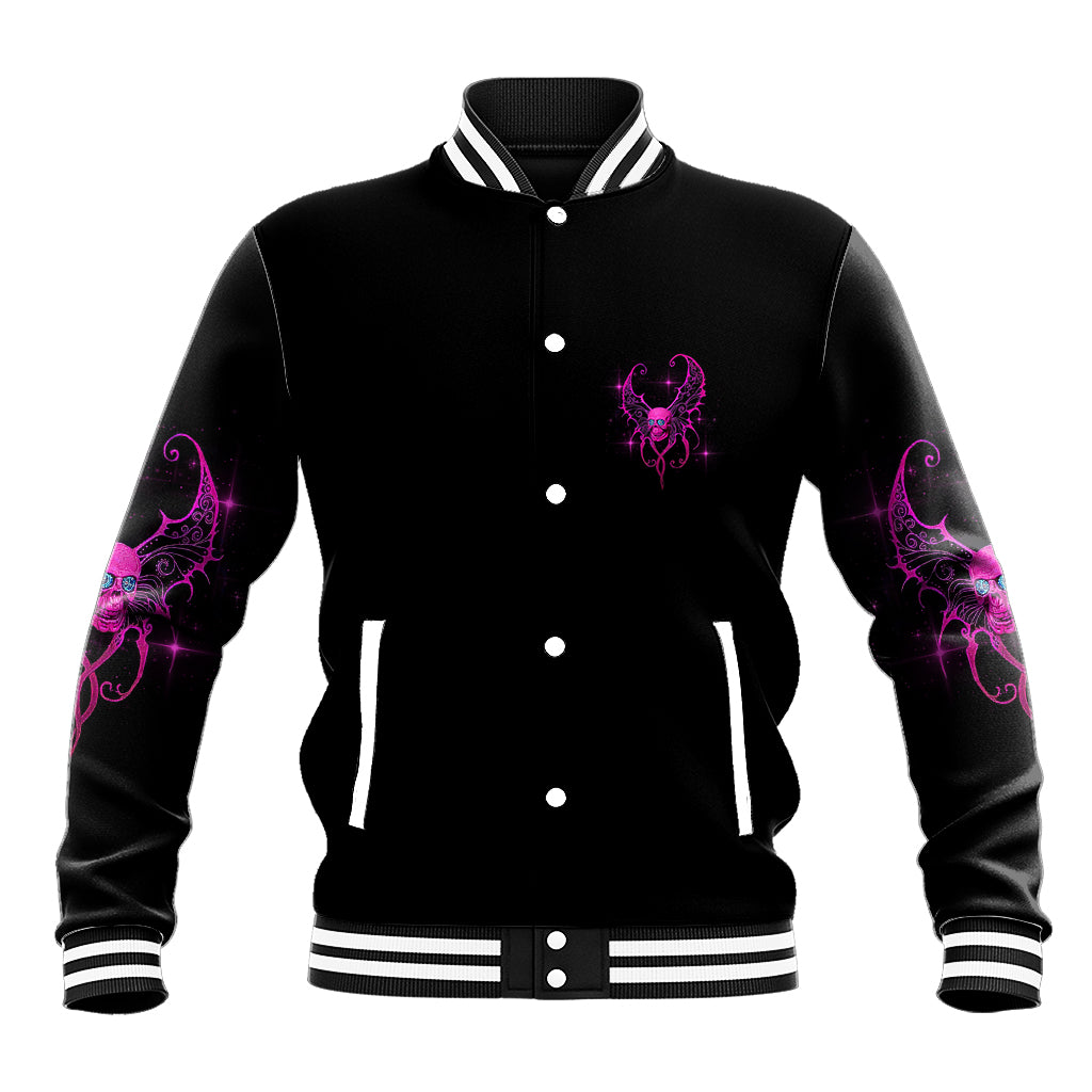 Black baseball jacket with purple front graphic, snap button closure, striped cuffs