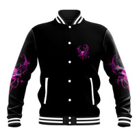 Black baseball jacket with purple front graphic, snap button closure, striped cuffs