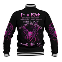 Black baseball jacket with purple back graphic and striped ribbed collar