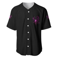 Black button-up baseball jersey with purple skull chest graphic, V-neck