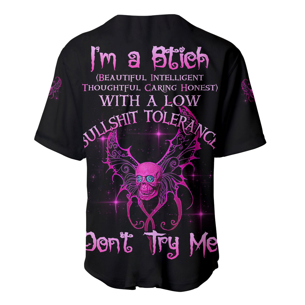 Black baseball jersey with purple graphic text on back, short sleeves
