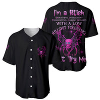 Two black baseball jerseys: one front button-up, one back with purple text and skull