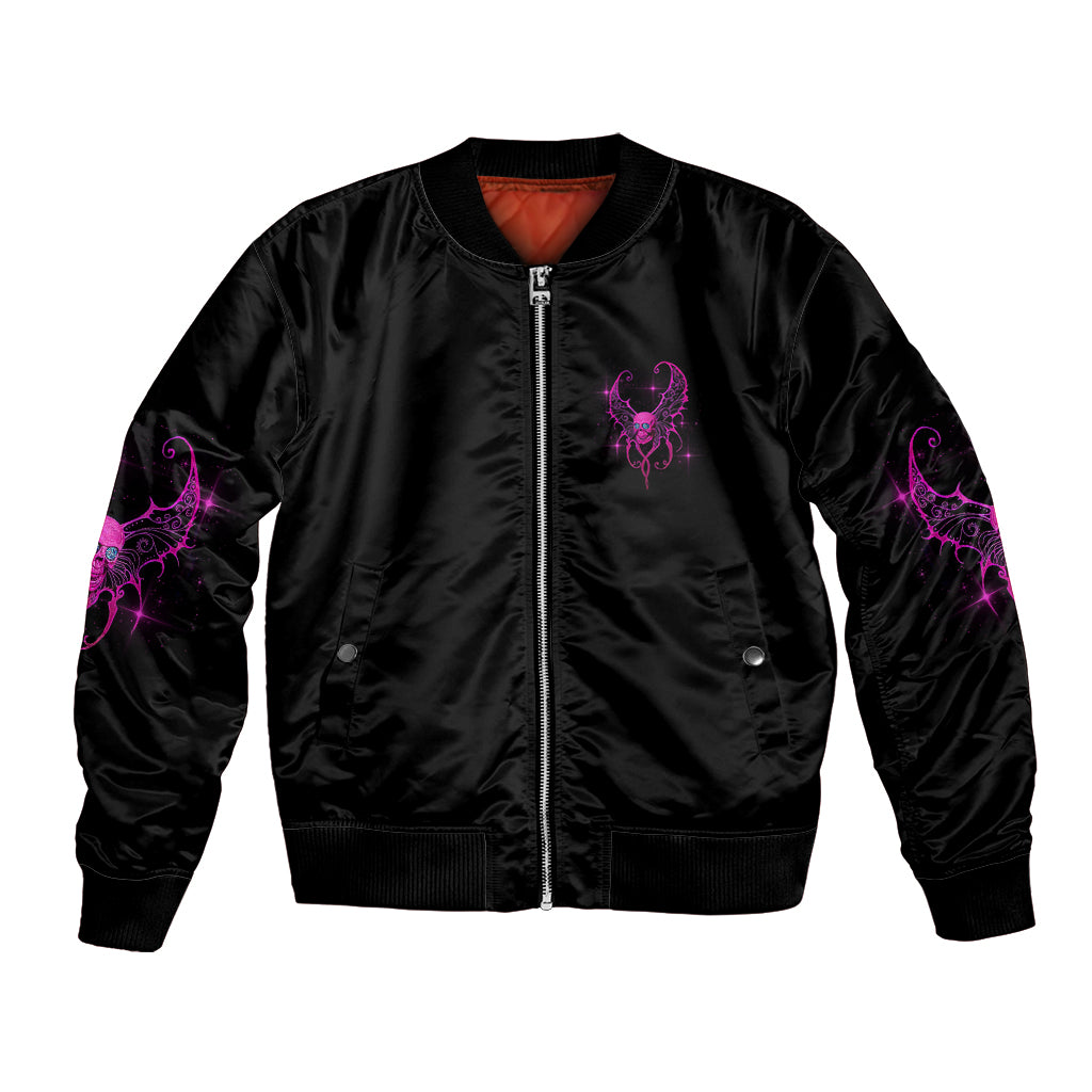 Black unisex bomber jacket with full zipper and purple front graphic patches