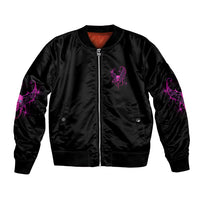 Black unisex bomber jacket with full zipper and purple front graphic patches