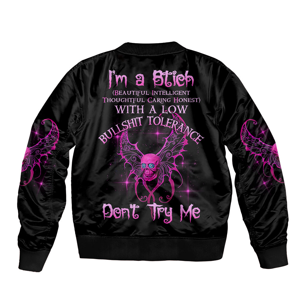 Black unisex bomber jacket with ribbed collar and large purple back graphic