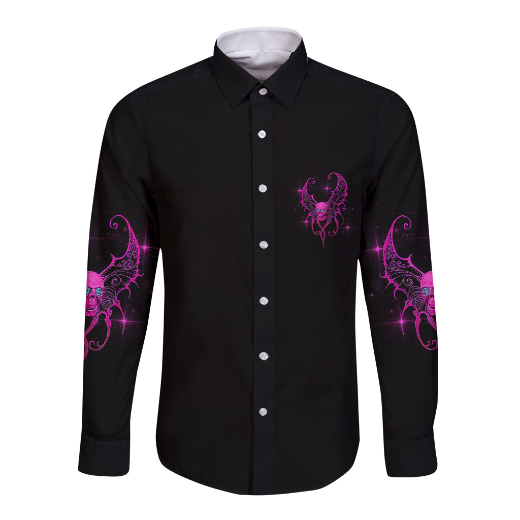 Black long-sleeve button shirt with purple front chest graphic and sleeve accents