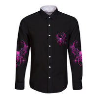 Black long-sleeve button shirt with purple front chest graphic and sleeve accents
