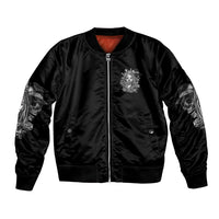 Black unisex bomber jacket with front zipper, chest emblem, and sleeve artwork