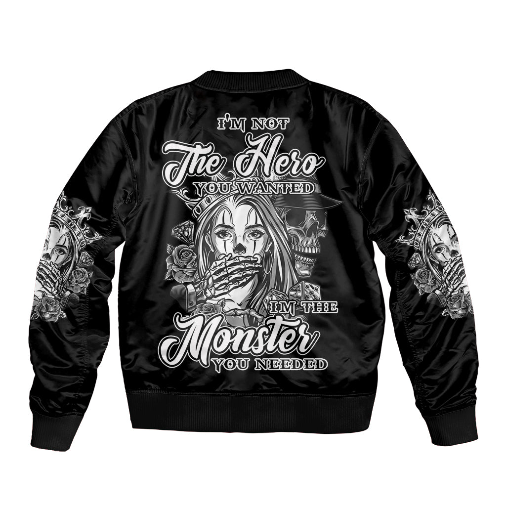 Black unisex bomber jacket with large back graphic and ribbed cuffs