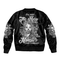 Black unisex bomber jacket with large back graphic and ribbed cuffs