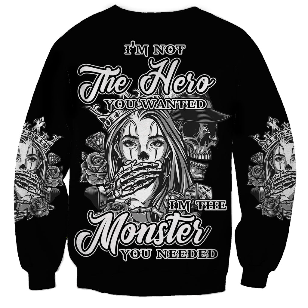 Black crewneck sweatshirt with front horror graphic and text, long sleeves
