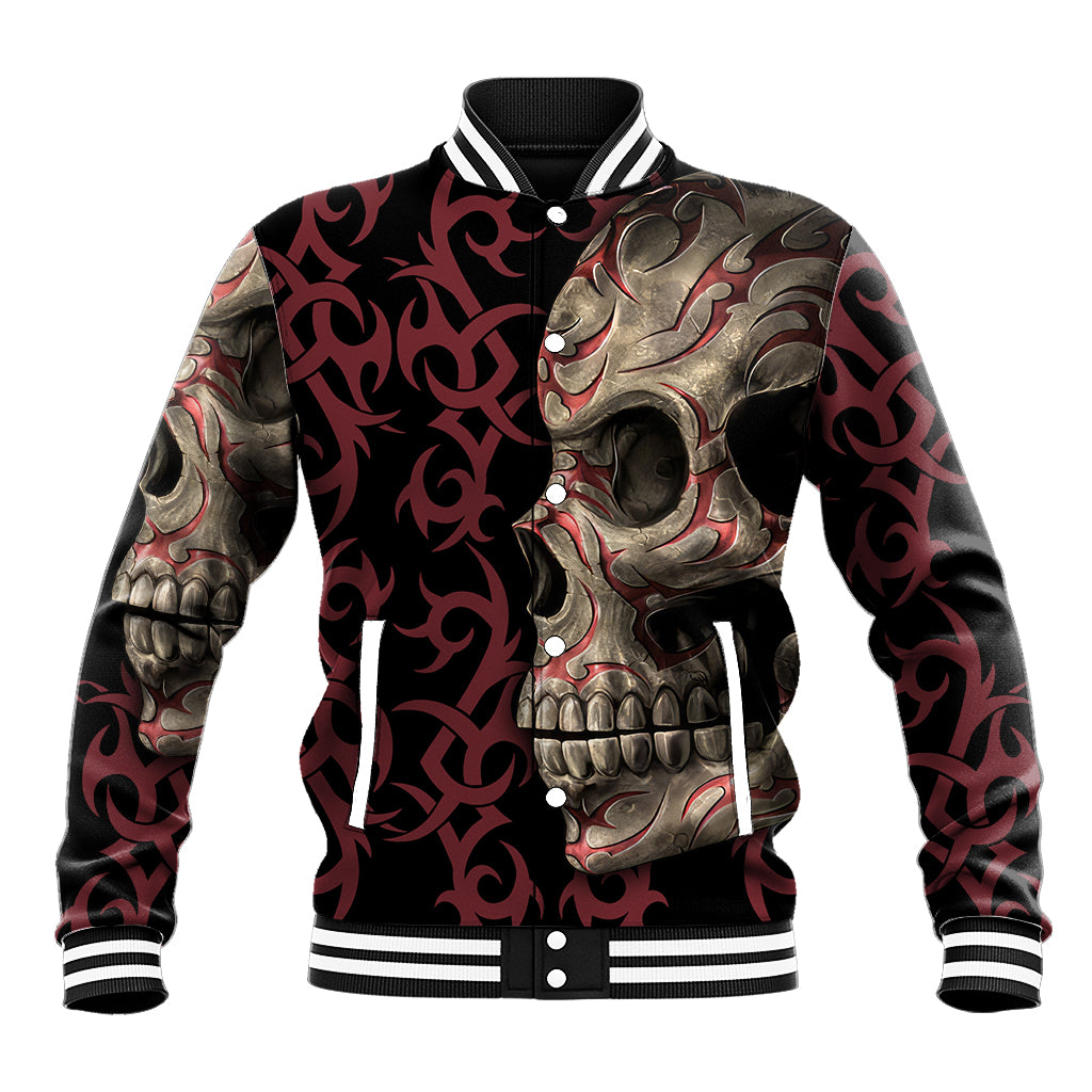 Multicolor skull baseball jacket with button front, ribbed striped cuffs and large chest print