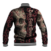 Multicolor skull baseball jacket with ribbed striped collar and cuffs, back graphic print