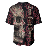 Skull baseball jersey with metallic-style skull graphic and dark red ornamental pattern