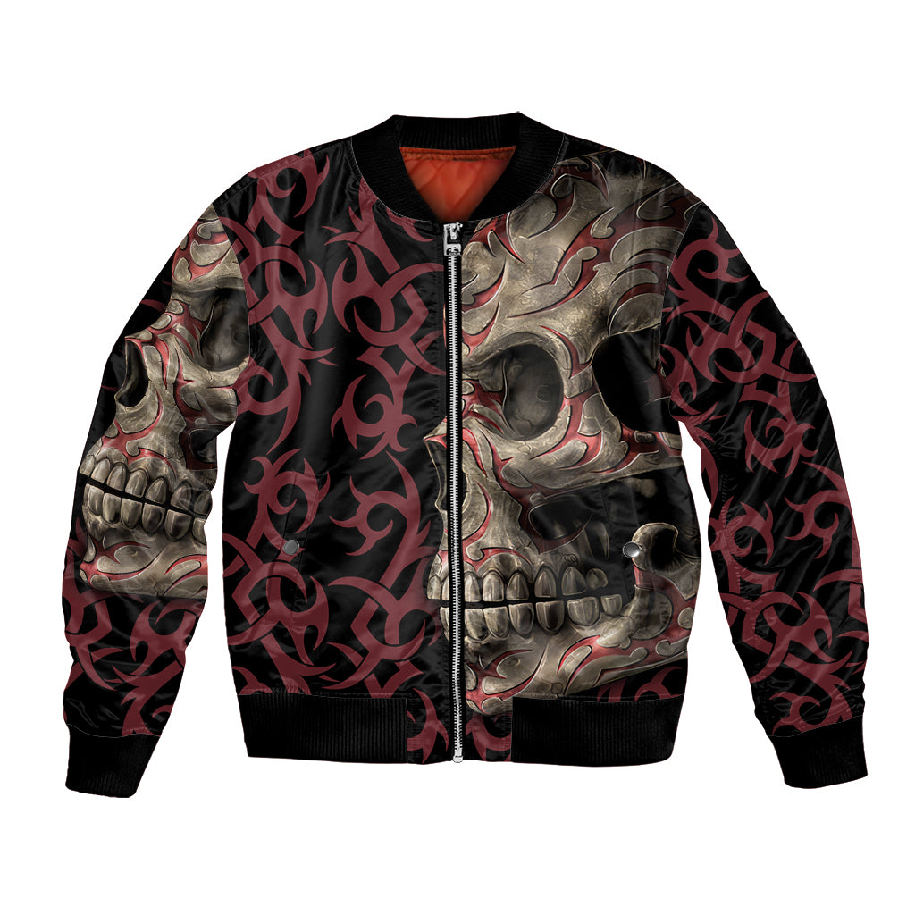 Multicolor skull bomber jacket with front zip, ribbed collar, flame pattern sleeves