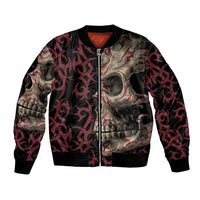 Multicolor skull bomber jacket with front zip, ribbed collar, flame pattern sleeves