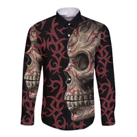 Long sleeve button shirt with skull graphic, black and maroon front