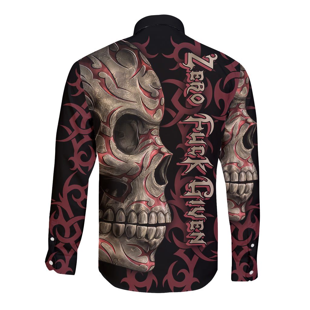 Long sleeve button shirt with skull artwork on black and maroon back