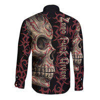 Long sleeve button shirt with skull artwork on black and maroon back