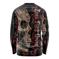 Unisex long-sleeve shirt with dark red black skull and flame graphics