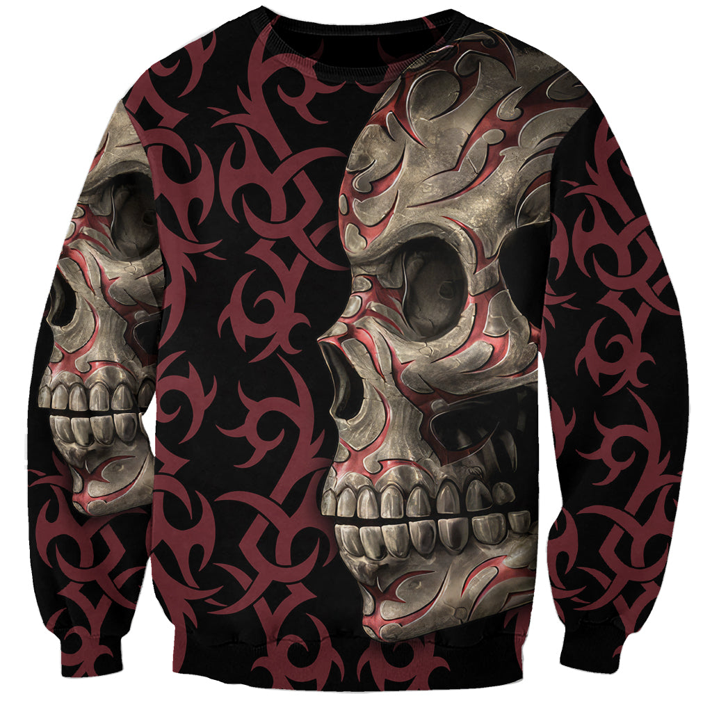 Unisex skull sweatshirt with large front metallic skull and burgundy pattern on black