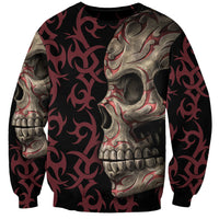 Unisex skull sweatshirt with large front metallic skull and burgundy pattern on black