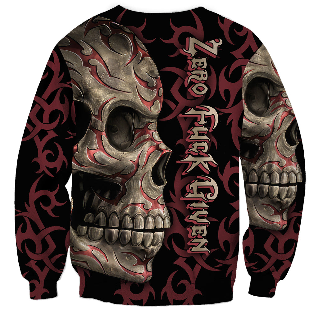 Unisex skull sweatshirt with metallic skull print and burgundy flames on black