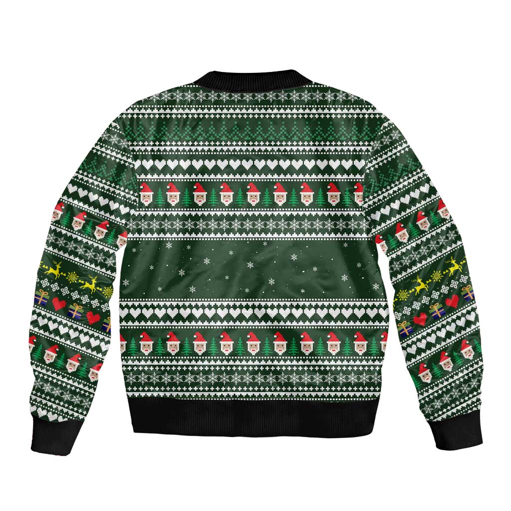 Sloth Christmas Bomber Jacket with Santa Hat, Presents, and Festive Pattern - Wonder Print Shop