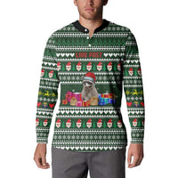 Sloth Christmas Button Sweatshirt with Santa Hat, Presents, and Festive Pattern - Wonder Print Shop