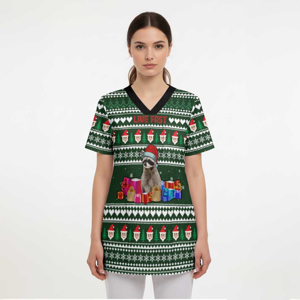 Sloth Christmas Scrub Top with Santa Hat, Presents, and Festive Pattern - Wonder Print Shop