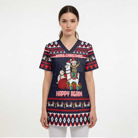 Llama and Snowman Scrub Top with Gifts and Nordic Pattern - Wonder Print Shop