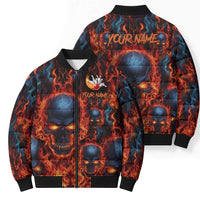 Custom Flaming Skull Bowling Bomber Puffer Jacket with Fiery Pins and Intense Red Blue Flame Pattern - Wonder Print Shop