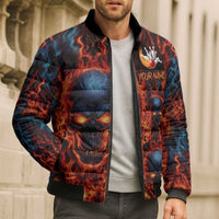 Custom Flaming Skull Bowling Bomber Puffer Jacket with Fiery Pins and Intense Red Blue Flame Pattern - Wonder Print Shop