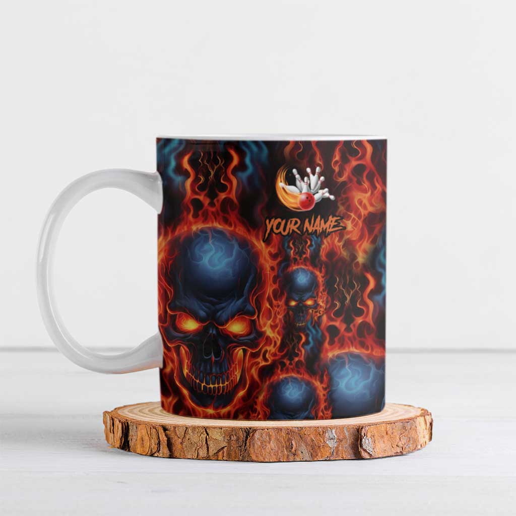Custom Flaming Skull Bowling Ceramic Mug with Fiery Pins and Intense Red Blue Flame Pattern - Wonder Print Shop