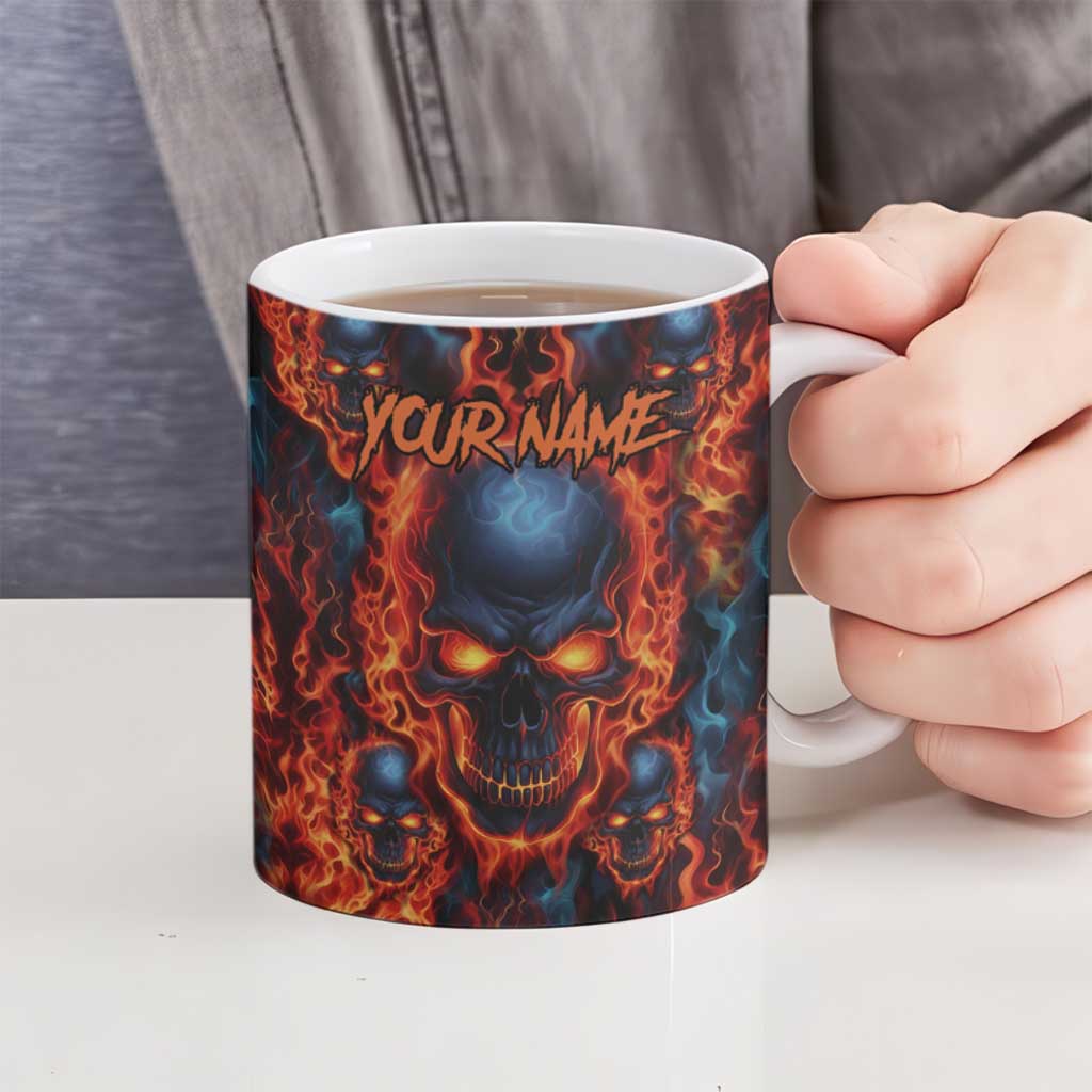 Custom Flaming Skull Bowling Ceramic Mug with Fiery Pins and Intense Red Blue Flame Pattern - Wonder Print Shop