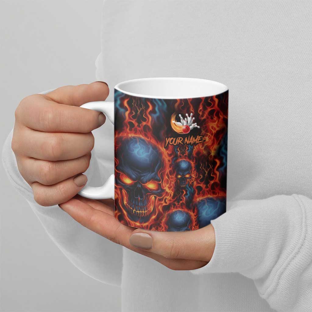 Custom Flaming Skull Bowling Ceramic Mug with Fiery Pins and Intense Red Blue Flame Pattern - Wonder Print Shop