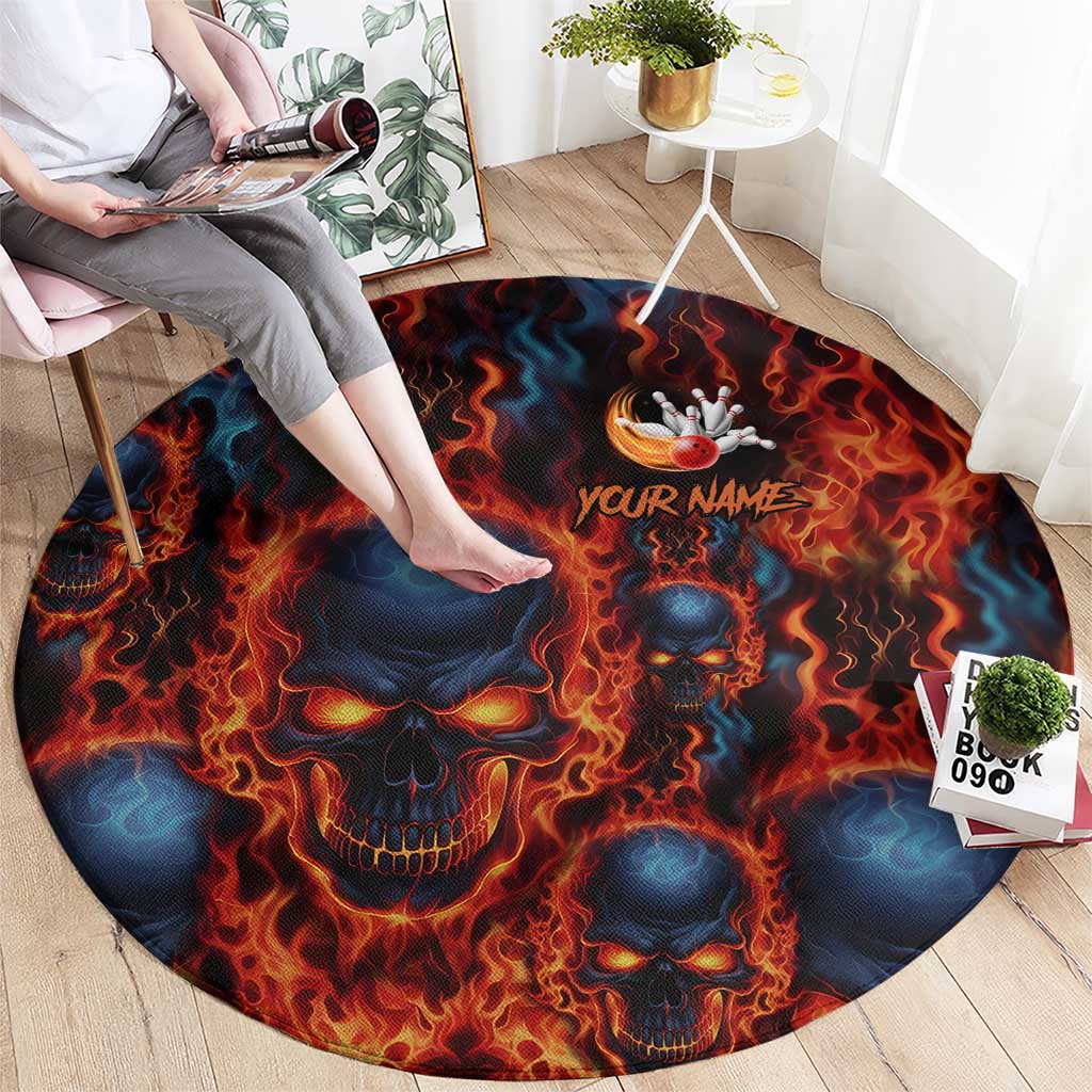 Custom Flaming Skull Bowling Round Carpet with Fiery Pins and Intense Red Blue Flame Pattern - Wonder Print Shop