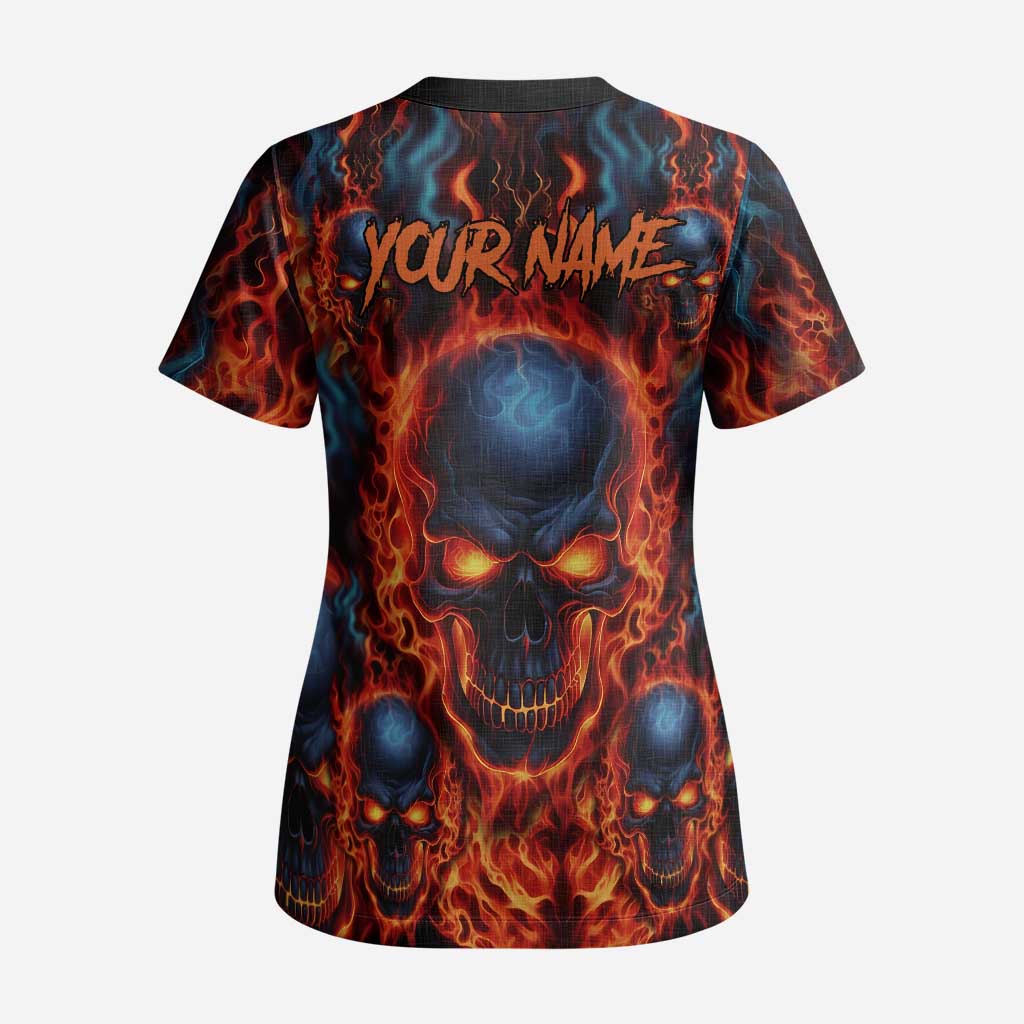Custom Flaming Skull Bowling Scrub Top with Fiery Pins and Intense Red Blue Flame Pattern - Wonder Print Shop