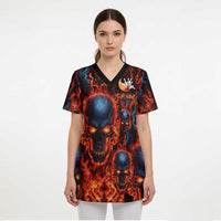 Custom Flaming Skull Bowling Scrub Top with Fiery Pins and Intense Red Blue Flame Pattern - Wonder Print Shop