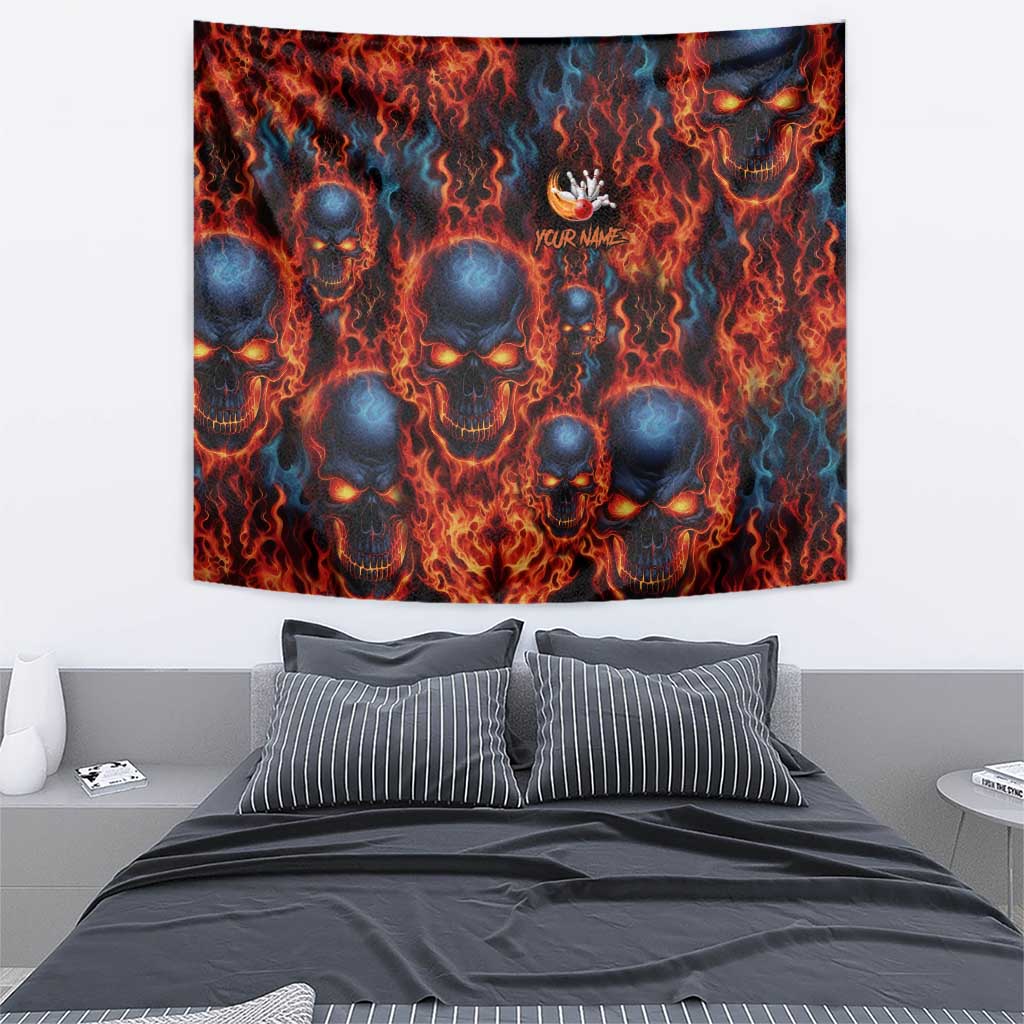 Custom Flaming Skull Bowling Tapestry with Fiery Pins and Intense Red Blue Flame Pattern - Wonder Print Shop