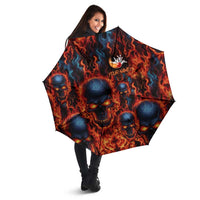 Custom Flaming Skull Bowling Umbrella with Fiery Pins and Intense Red Blue Flame Pattern - Wonder Print Shop