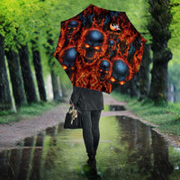 Custom Flaming Skull Bowling Umbrella with Fiery Pins and Intense Red Blue Flame Pattern - Wonder Print Shop