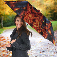 Custom Flaming Skull Bowling Umbrella with Fiery Pins and Intense Red Blue Flame Pattern - Wonder Print Shop