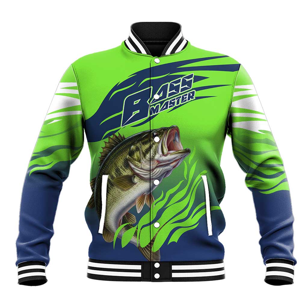 Bass Master Fishing Baseball Jacket with Jumping Largemouth Bass and Green Wave Pattern - Wonder Print Shop