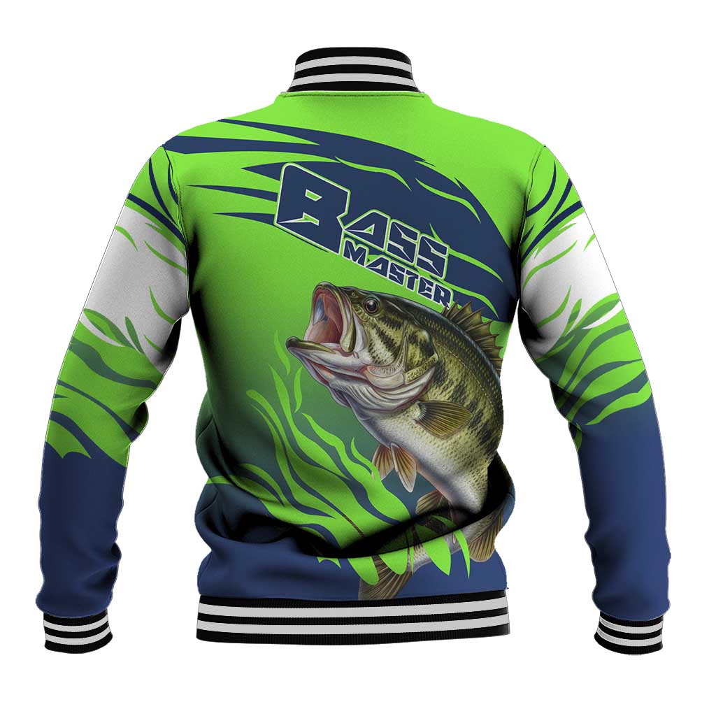 Bass Master Fishing Baseball Jacket with Jumping Largemouth Bass and Green Wave Pattern - Wonder Print Shop